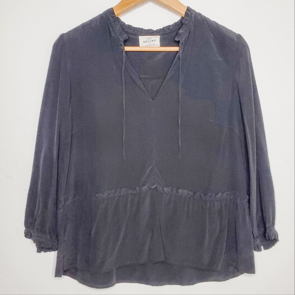 Sezane Black 100% Silk Tie Neck Tiered Ruffled Balloon Sleeve Peasant Blouse 38